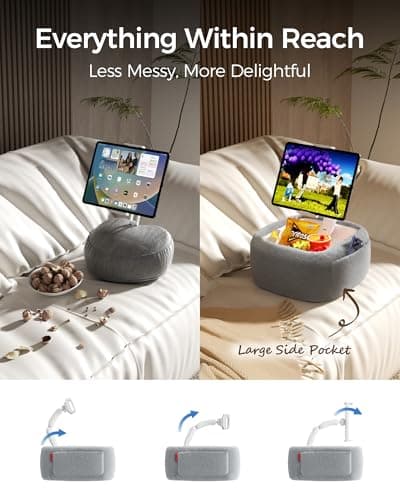 LULULOOK Tablet Pillow Stand, Compatible with iPad, iPhone and 4.7-14.6”Tablet, 360° Adjustable Kindle Pillow Stand for Bed with Ultra Fluffy Fabric & Snack Bowl (Fluffy Gray​) - Thumbnail 5