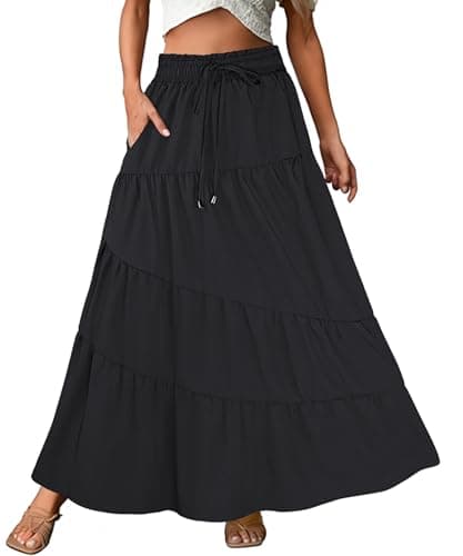 ECOWISH Women Boho Maxi Skirt: Summer Asymmetric Tiered Drawstring Elastic High Waist A-Line Flowy Long Skirts with Pockets 441 Black S - Image 1