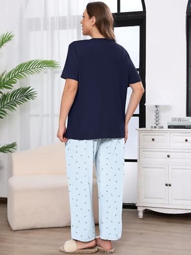 AusLook Plus Women Pajamas Set 2 Piece Lounge Sets Short Sleeve Top and Full Length Pant Chest Pocket Matching Maternity Christmas Print Lamb Print Light Blue 4X Pjs Loungewear Sleepwear - Thumbnail 6