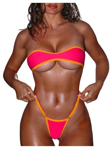 SHENHE Women's Sexy Micro Mini Bandeau Bikini Set Extreme G String Thong Strapless Swimsuits Watermelon Pink X-Large - Image 1