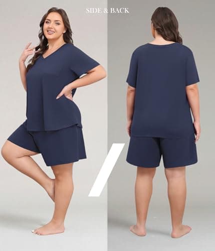 Lastshe Womens Plus Size Pajama Set 2 Piece Soft V Neck Short Sleeve with Pockets Summer Shorts Sleepwear Pjs Lounge Set,Dark Blue-3X - Thumbnail 4