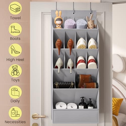 Mefirt Over the Door Shoe Rack for Closet Fit 18+ Pairs, Door Shoe Organizer with Large Breathable Pockets, Hanging Shoes Rack Fit Boots, Behind the Door Shoe Holder for Categorized Storage, Grey ﻿ - Thumbnail 2