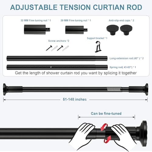ZOCONE Tension Curtain Rod 51-148 In (4.25-12Ft), Long Outdoor Curtain Rod No Drilling for Patio Window, Adjustable Shower Curtain Rod for Bathroom, Never Rust, Tool-Free, Rod Diameter 1.26 In, Black - Thumbnail 6