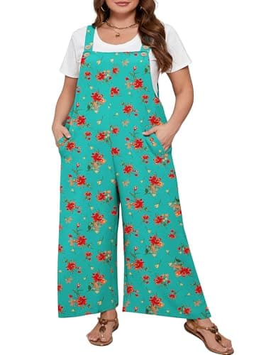 AusLook Plus Size Women's Adjustable Straps Jumpsuits Cyan Hibiscus 4X Casual Loose Wide Leg Overalls with Pockets - Image 1