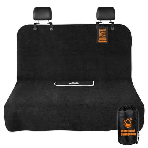 KIGEMOS Rear Bench Seat Cover, Waterproof, Sweatproof, Non-Slip Protector for Back Seat, Dual-Layer Microfiber Terry, Universal Fit for Cars, Trucks, SUVs – Embroidered Design (Black, 1 Pack)