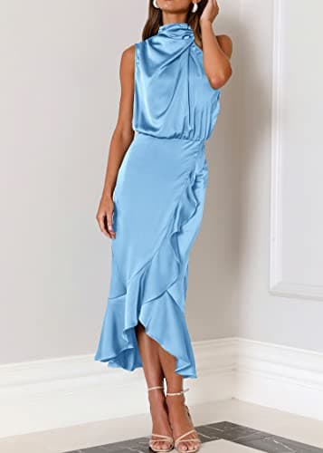 KIRUNDO Women 2026 Spring Summer Satin Mock Neck Wedding Guest Party Cocktail Midi Dress Sleeveless Wrap Ruffle Formal Dress(Light Blue, XX-Large) - Thumbnail 4