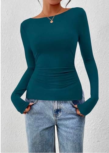 KIRUNDO Long Sleeve Going Out Tops for Women 2026 Spring Casual Boat Neck Workout Shirts Fall Fitted Side Slit Basic Tees(Lake Blue, X-Large) - Thumbnail 5