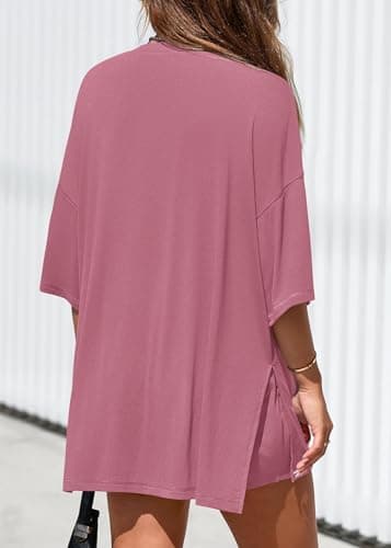 KIRUNDO 2 Piece Sets for Women Summer Lounge Sets Casual Oversized Tshirts Shorts Matching Airport Travel Outfits Postpartum(Pink, Small) - Thumbnail 2