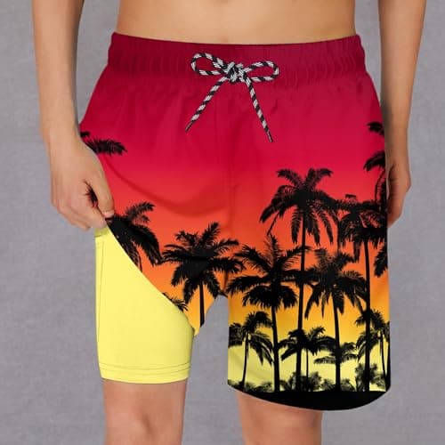Cozople Boys Palm Tree Swim Trunks Quick Dry UPF Boxer Brief Liner Swimwear Bathing Suits Summer Surfing Beach Boardshorts Swimsuit with Inner Compression Shorts Lining - Thumbnail 6