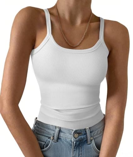 GKBK Women's Scoop Neck Spaghetti Strap Tank Top Ribbed Sleeveless Slim Fit Camisole 2026 Summer Casual Outfits White L - Image 1
