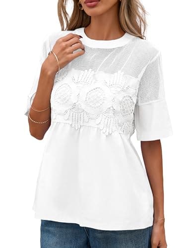 PUWEI Womens Short Sleeve Lace Blouse Sheer Mesh Flowy Poplin Babydoll Shirts Crewneck Casual Elegant Tops (White-M) - Image 1