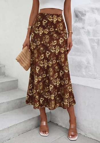 BTFBM Satin Skirts for Women Trendy Spring Summer 2026 High Waisted Leopard Print Cocktail Wedding Long Silk Midi Skirt(Floral Brown Yellow, X-Large) - Thumbnail 2