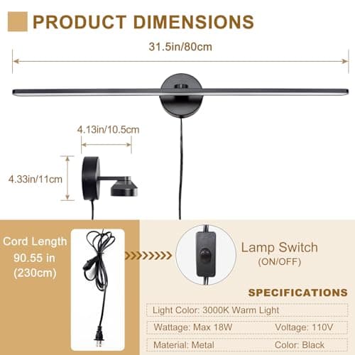 TYhogar 32" Plug in Bathroom Vanity Light Fixtures Modern Black Vanity Lights Over Mirror, 3000k Warm Light Non-Dimmable 18w Eye-Friendly Picture Light Led Wall Lights for Art,Poster,Gallery - Thumbnail 2