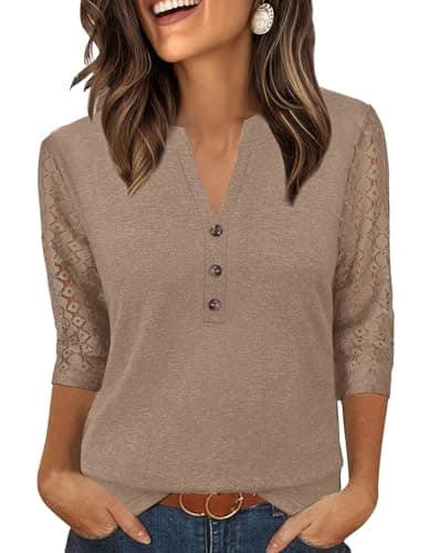 Bakoliza 3/4 Length Sleeve Womens Tops Trendy Lace Sleeve Henley Neck Blouses Business Casual Womens Clothing Khaki - Image 1