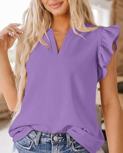 Zenlonr Womens Summer Tops 2026 Casual V Neck Ruffle Cap Sleeve Blouse Shirts Solid Color Tunic Tops(Purple,Small) - Thumbnail 4