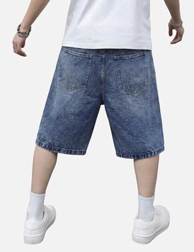 Vamtac Mens Baggy Jorts Y2K Jean Shorts Star Shorts Loose fit Wide Leg Hip Hop Skateboard Denim Short Blue Small/30 - Thumbnail 3