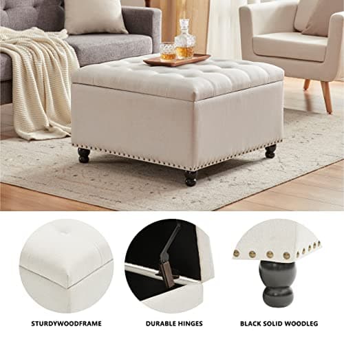 Tbfit Large Square Storage Ottoman Bench, Botton Tufted Upholstered Coffee Table with Wooden Legs, Oversized Storage Ottomans Toy Box Footrest for Living Room, Apartment, Beige - Thumbnail 5