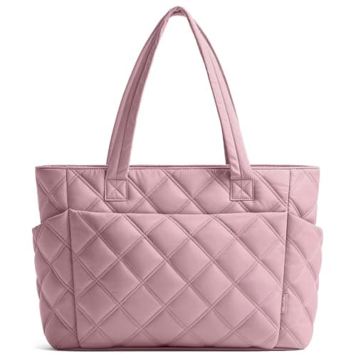 Uselike Tote Bag for Women, Lightweight Puffer Tote Work Bags with Compartments for Travel, Quilted Shoulder Bag with Zipper (Mauve Pink) - Image 1