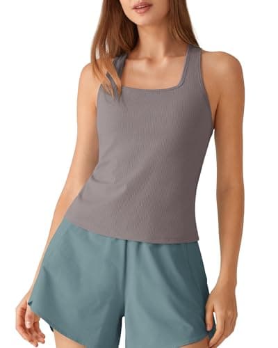 G4Free Yoga Tank Tops for Women Built in Bra Sleeveless Ribbed Gym Workout Tanks Soft Comfy Racerback Pilates Tops (Taupe,S) - Image 1