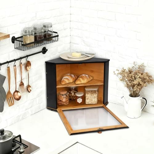 Bamboo Corner Bread Box for Kitchen Countertop - Double Layer Bread Storage with Clear Window, Black Wooden Bread Keeper Organizer for Homemade Bread, Under Cabinet Mount, Fits Countertop & Pantry - Thumbnail 6