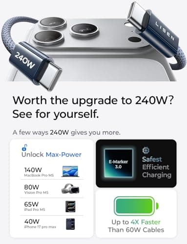 LISEN for MacBook Pro Charger Cord 10FT 240W USB C Charger Fast Charging Cable【Safety Max Power Charging】 Compatible with MacBook Pro/Air M5 M4 M3 M2 M1, iPad Air Pro M5 M4,10ft/1 Pack/Midnight - Thumbnail 4