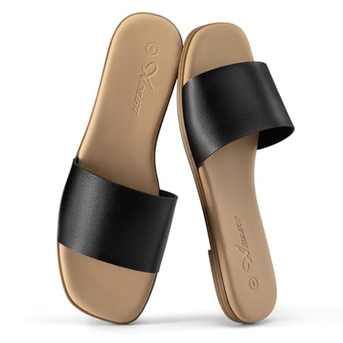 Athlefit Black Flat Sandals for Women Square Toe Comfortable Slip On Summer Beach Casual Slide Sandals Size 7.5 - Thumbnail 6