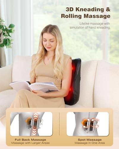 KINGJOY Back Massager for Pain Relief Deep Tissue, Full Back Massager with Heat, 3D Kneading Massage Pillow with 3 Intensities for Back, Neck, Shoulder, Spot Massage, Gifts for Women Man - Thumbnail 2