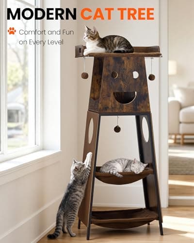 Feliskyn Modern Wood Cat Tree for Indoor Cats, 56 Inch Tall Cat Tower with Hammock, Multi-Level Trees with Perch Bed, 2 Hammock, Cat Condo, Scratching Board, Removable Pad, Cat Furniture, Rustic Brown - Thumbnail 6