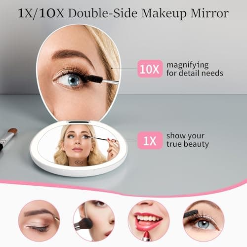 Funtoouch Travel Makeup Mirror with Light - LED Compact, Magnifying, 2-Sided, 3 Color Lights, Cosmetic Mirror, Small Enough for Purse - Thumbnail 4