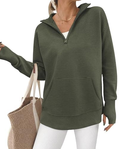 BTFBM Sweaters for Women Fall Clothes 2026 Pocket Quarter Zip Pullover V Neck Long Sleeve Knit Trendy Winter Sweater(Army Green, Small) - Image 1