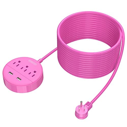 Pink Extension Cord 25ft, NTONPOWER Flat Plug Power Strip with Long Extension Cord, 3 Outlet 2 USB Compact Desktop Charging Station Wall Mount for TV Living Room, Dorm, Office and Nightstand - Image 1