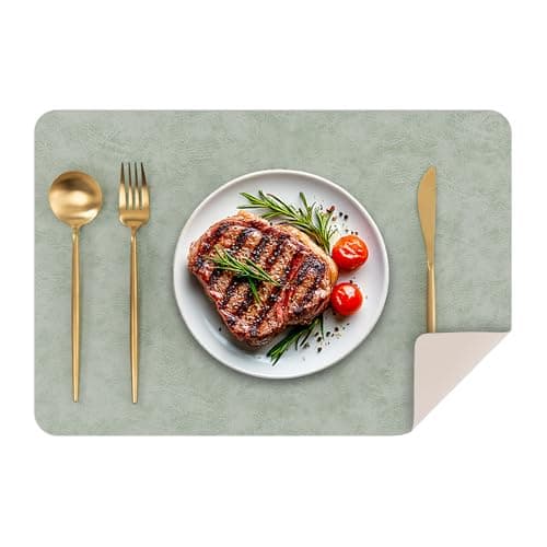 SHACOS Faux Cowhide Leather Placemats Set of 4, Wipeable Heat Resistant Table Mats, Stain Resistant Double Sided Reversible PU Place Mats for Dining Table Kitchen Restaurants, Green and Ivory - Image 1