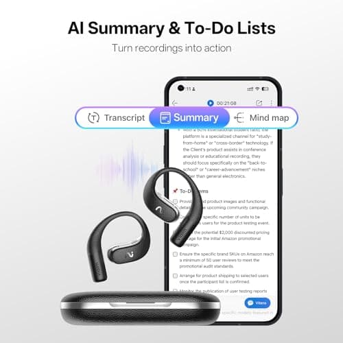 VIAIM OpenNote Professional AI Note Taker Earbuds, MFi Certified Open-Ear Voice Recorder, 53H Battery, Instant Call & Meeting Recording, Live Transcription & AI Summary, IP55, Black - Thumbnail 4