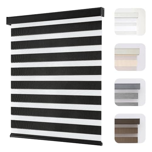 Joydeco Cordless Zebra Blinds for Windows, Dual Layer Light Control Window Blinds with Light-Proof Aluminum Cover, Free-Stop Roller Shades for Home & Office (Black,34.5" W x 75" H) - Image 1