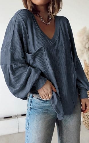 BTFBM Womens Fall Fashion 2026 Long Sleeve Shirts Casual V Neck Ribbed Knit Blouses Pullover Trendy Loose Fit Tunic Tops(Solid Light Grey Blue, Small) - Thumbnail 2
