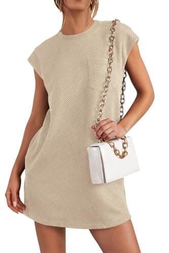 PRETTYGARDEN Women's Summer Short T Shirt Dress Cap Sleeve Crew Neck Casual Loose Basic Mini Dresses (Light Khaki,XX-Large) - Image 1