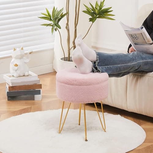 Cplxroc Ottomans Round Faux Fur Ottoman with Storage Footstools Vanity Chair Coffee Table Ottoman for Living Room (Pink) - Thumbnail 2