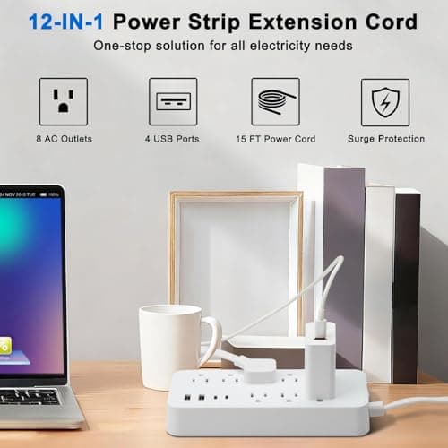 Flat Extension Cord 15 ft, Surge Protector Power Strip with 8 Outlets 4 USB Ports, 3 Prong, Outlet Extender Long Cord, Overload Protection for Indoor, Office Supplies, Dorm Room Essentials, White - Thumbnail 2