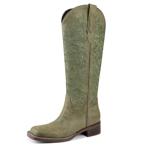 GPXGPX Wide Calf Cowboy Boots Women Embroidered Cowgirl Boots Knee High, Low Block Heel Comfortable Pull On Western Square Toe Tall Boots Green 6 - Image 1