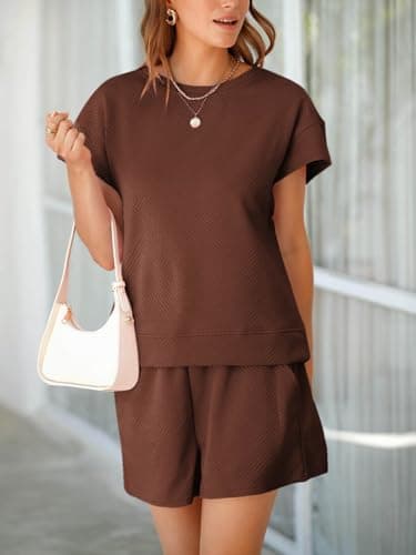 Tankaneo Womens Loungewear Set Short Sleeve Tops and Shorts 2 Piece Outfits Matching Lounge Pajama Set with Pockets Coffee - Thumbnail 5