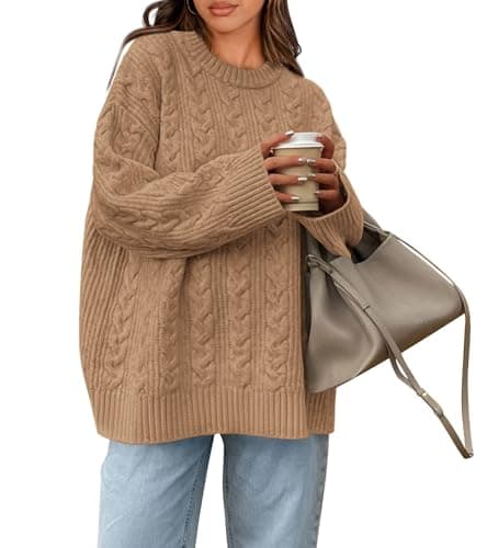 Okiwam Women's Oversized Sweaters Crewneck Cable Knit Pullover Casual Loose Fall Outfits Spring Fashion Clothes 2026-S Khaki - Image 1