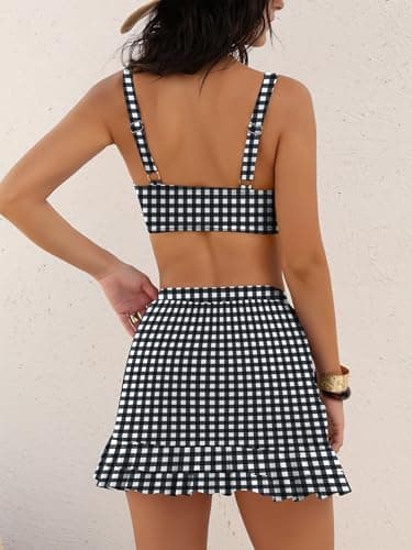 ANRABESS Womens Bikini Skirt Sets High Waisted Two Piece Swimsuits 2026 Summer Tummy Control Mesh Swim Bathing Suits Black Plaid Medium - Thumbnail 3