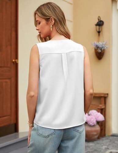 Aprolive Womens Business 3/4 Sleeve V Neck Ruffle Office Work Shirt Ladies Cute Flowy Trendy Concert Fashion Vests(White,Large) - Thumbnail 4
