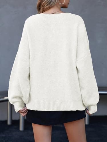 Saodimallsu Womens Tie Front Cardigan Sweaters Cute Bow Puff Long Sleeve 2025 Fall Loose Ribbed Knit Trendy Sweater Tops White - Thumbnail 5