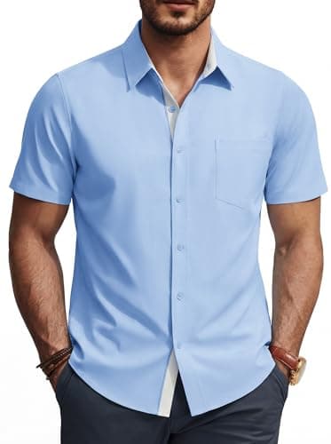 PJ PAUL JONES Mens Casual Untucked Shirts Business Button Down Short Sleeve Shirts Dress Shirt with Pocket Sky Blue M - Image 1