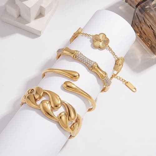 Stackable Gold Bracelets for Women - 4 Sets, 18K Gold Plated Bracelets, Stainless Steel Bangle Bracelets Non-Tarnish, Stylish Gold Jewelry Ensemble, Valentine's Day, Birthday and Christmas Jewelry Gifts - Thumbnail 5