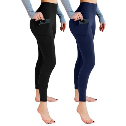Leafigure 2 Pack Leggings with Pockets for Women, High Waisted Soft Leggings for Yoga Gym Black/Navy Blue XXL - Image 1