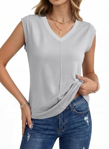 Sidefeel Summer Tops for Women Casual Cap Sleeve V Neck Tops Loose Fit Trendy Patchwork Basic Tees Blouses Gray Size M - Image 1
