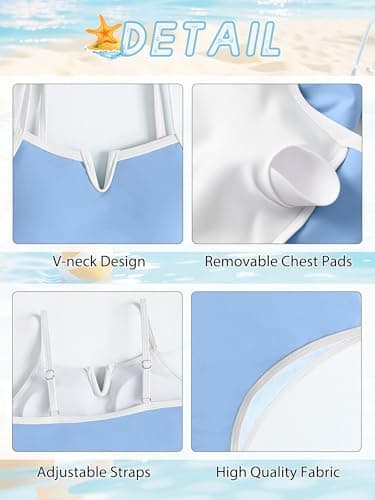 AMAWMW Girls Swimsuit One Piece Bathing Suit Quick Dry V-Neck Adjustable Straps Swimwear for Teens Size 7-16Y, Light Blue, 7-8Y - Thumbnail 6