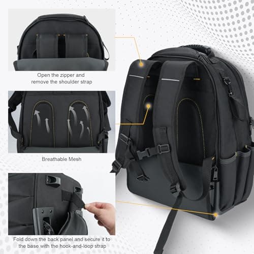 KUNN Rolling Tool Backpack with Wheels, Heavy Duty Waterproof Wheeled Tool Bag, 47 Pockets & Loops Work Backpack for Electrician Construction HVAC, Yellow - Thumbnail 3